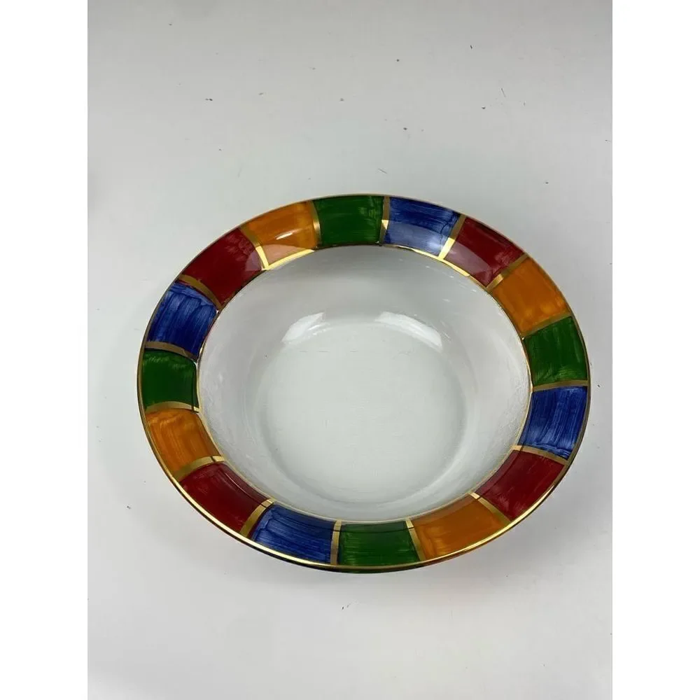 Handpainted Colorful Gold Rim Clear Glass Serving Bowl 13in W x 4in H BC1545